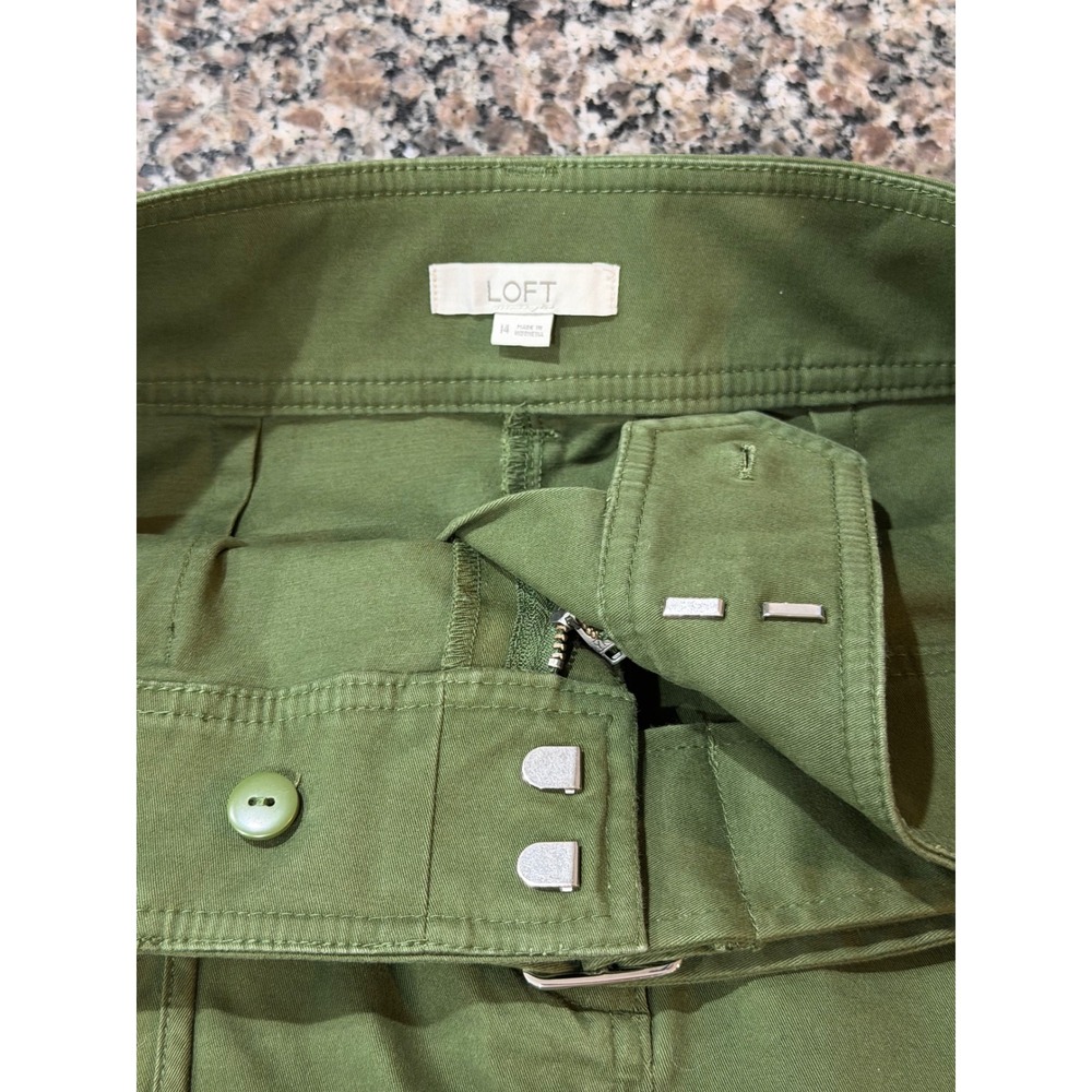 Loft Womens Olive Green Utility Midi Skirt Size 14 Belted A-Line Cotton Stretch